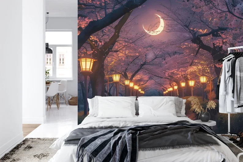 Wallpaper, Cherry Blossom Tree Mural: Moonlit Night Pathway