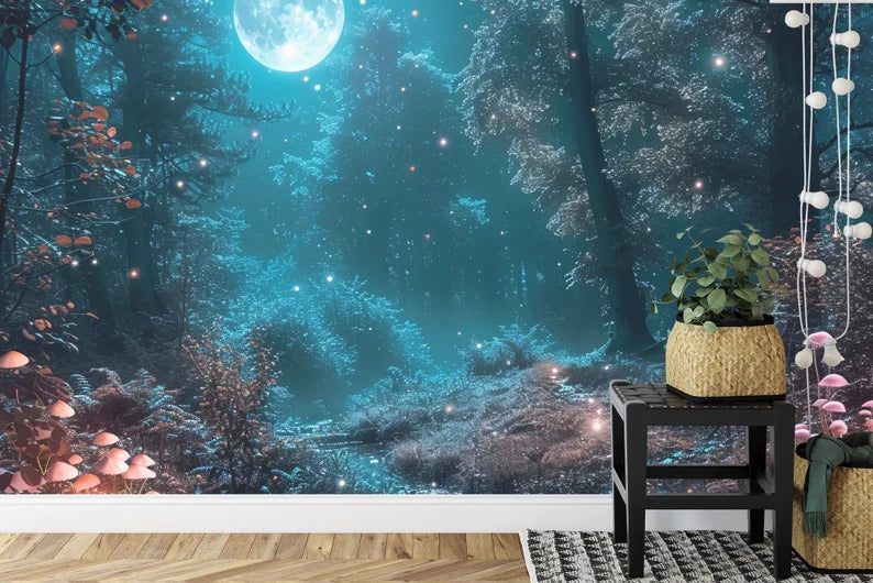 Enchanted Forest Wallpaper Mural, Moonlight Scene