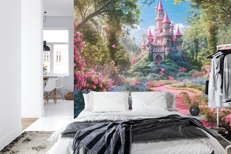 Pink Castle Mural, Flowers Meadow Wallpaper