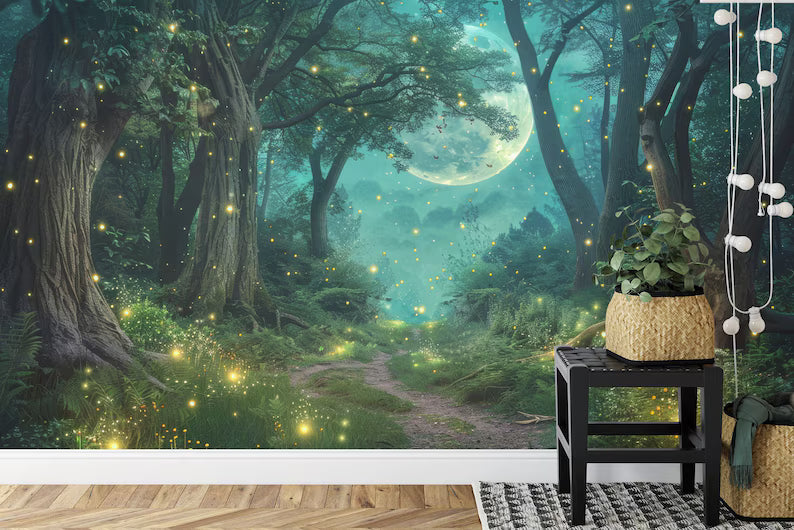 Moonlit Fireflies Forest Wallpaper Mural