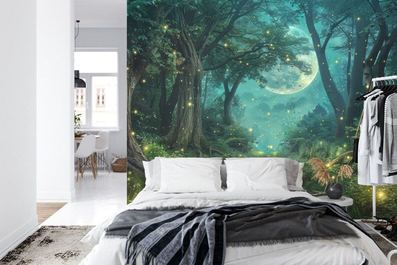 Moonlit Fireflies Forest Wallpaper Mural
