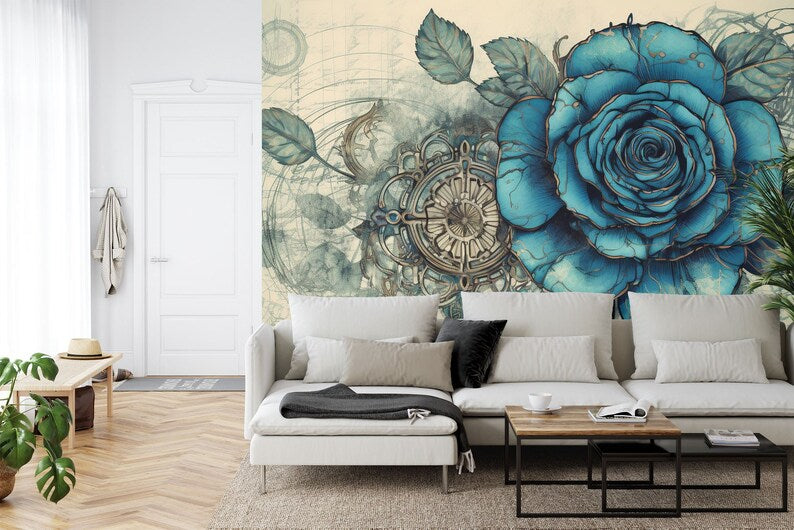 Blue Rose Steampunk Wallpaper Mural