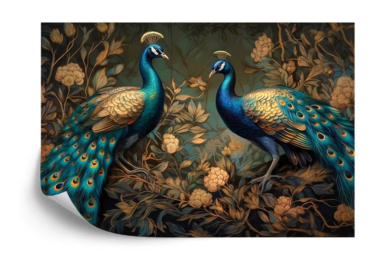 Peacock Wallpaper Mural, Abstract Gold Green Leaves