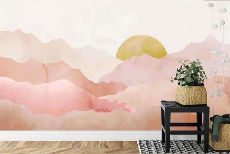 Watercolor Sunset Mountain Wallpaper, Pastel Nursery Wall Mural