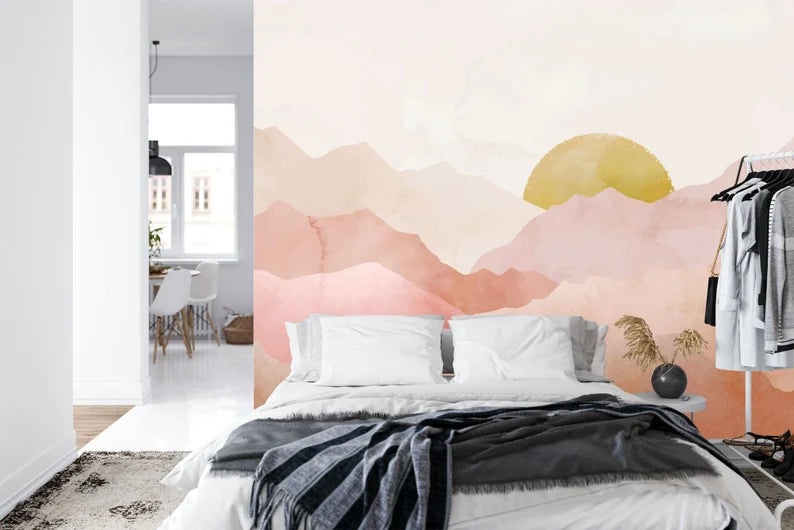 Watercolor Sunset Mountain Wallpaper, Pastel Nursery Wall Mural