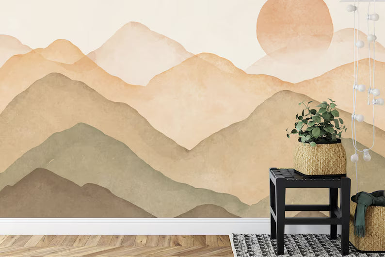 Pastel Sunset Mountain Mural, Nursery Wallpaper, Self Adhesive