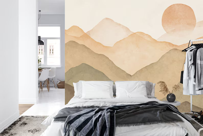 Pastel Sunset Mountain Mural, Nursery Wallpaper, Self Adhesive