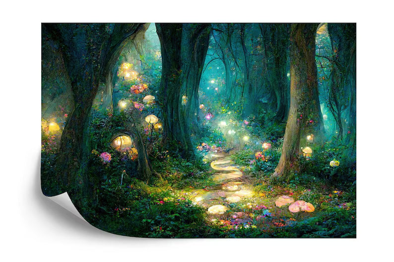 Immersive woodland wallpaper mural with rich forest details and captivating depth, AI art
