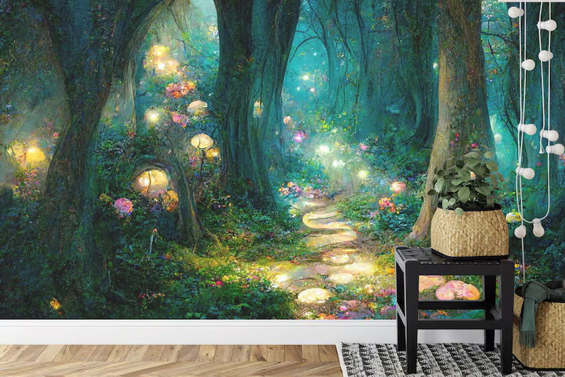 Mystical forest wall mural with towering trees and dreamy ambiance, AI-created wallpaper design
