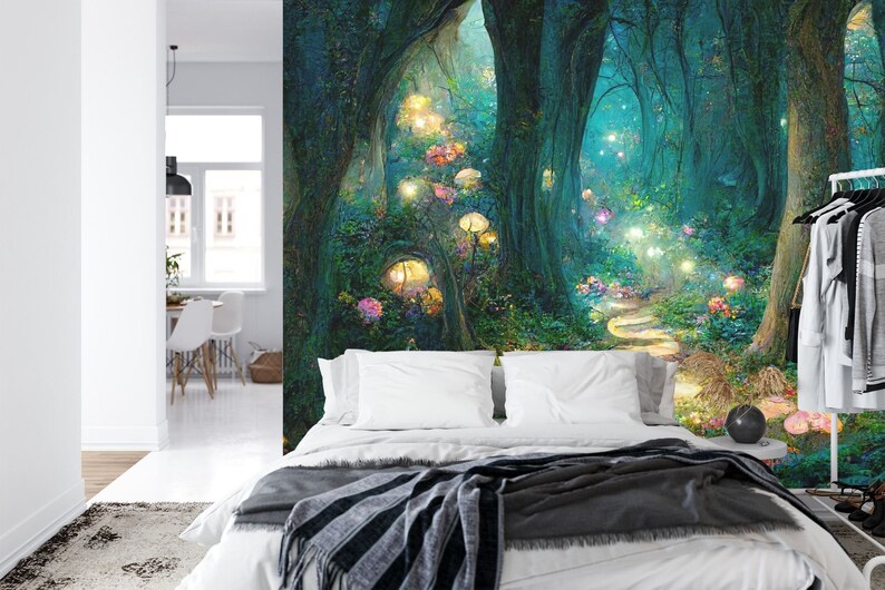 Fantasy forest wallpaper mural showcasing dense woodland and magical atmosphere, generative AI
