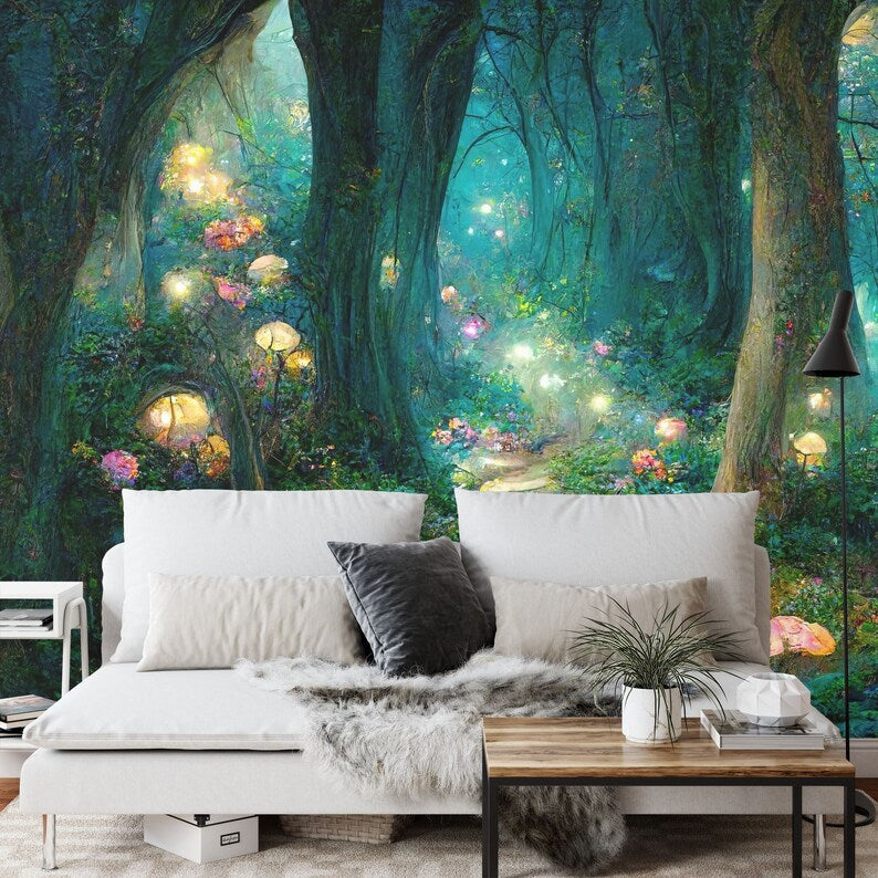 Serene forest wallpaper with natural tree canopy and tranquil setting, AI-generated mural
