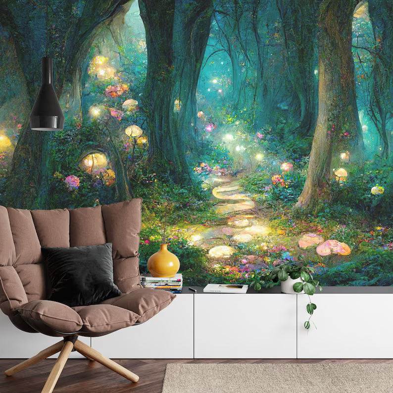 Atmospheric forest wall mural featuring deep woods and enchanting scenery, generative AI design
