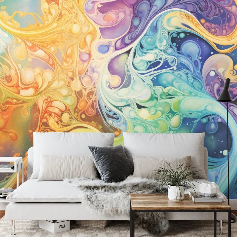 Abstract Watercolor Swirls Mural, Easy-Install