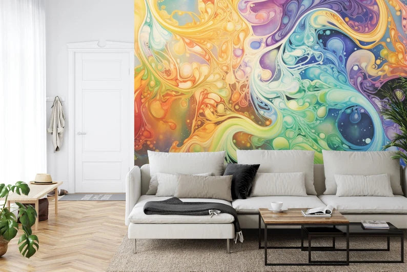 Abstract Watercolor Swirls Mural, Easy-Install