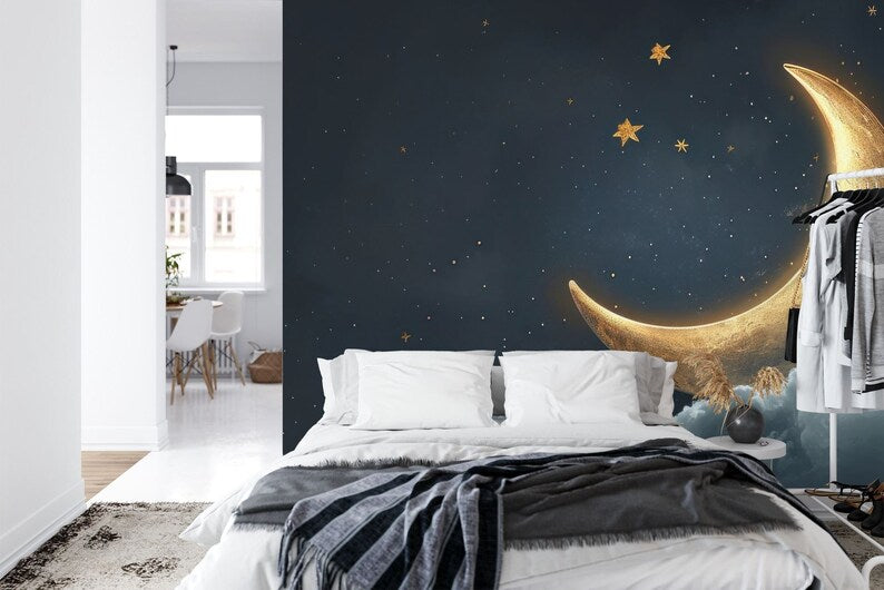 Golden Crescent Moon Wallpaper Mural - Starry Night