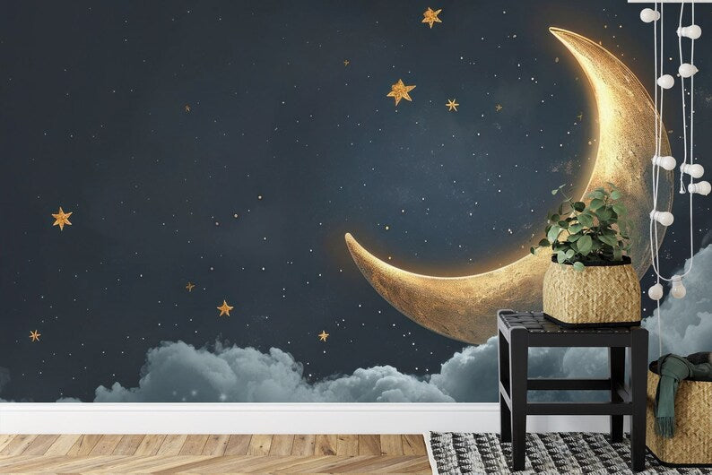 Golden Crescent Moon Wallpaper Mural - Starry Night