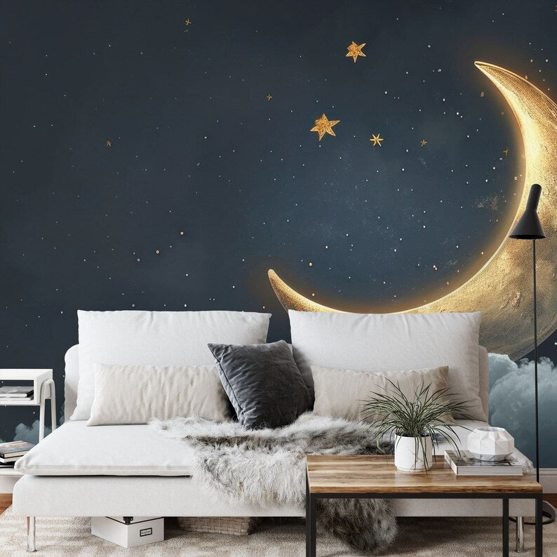 Golden Crescent Moon Wallpaper Mural - Starry Night