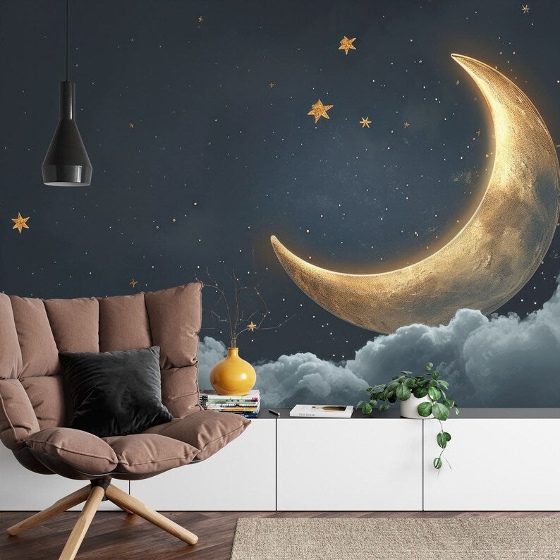 Golden Crescent Moon Wallpaper Mural - Starry Night