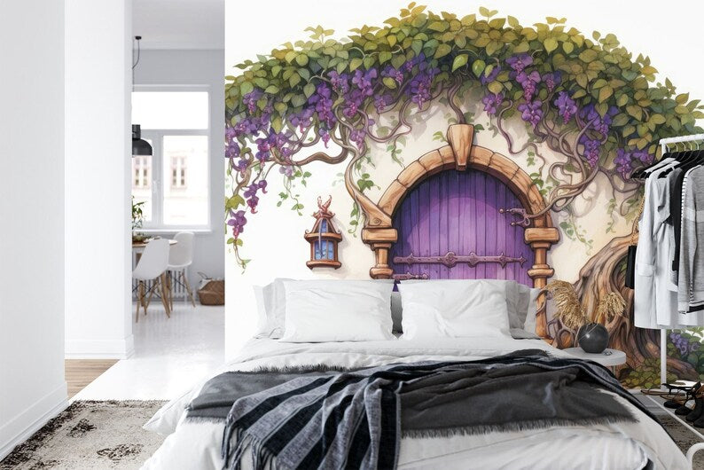 Purple Fairy Door Wall Mural, Flowers Girls Room Decor