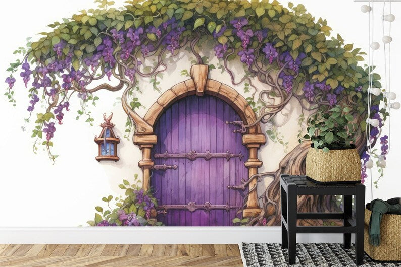 Purple Fairy Door Wall Mural, Flowers Girls Room Decor