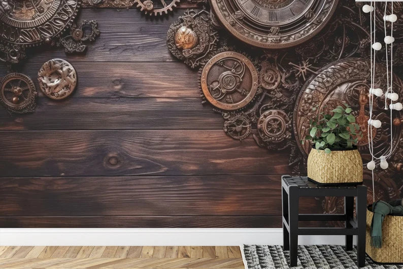 Steampunk Gear Wood Wallpaper Mural Art