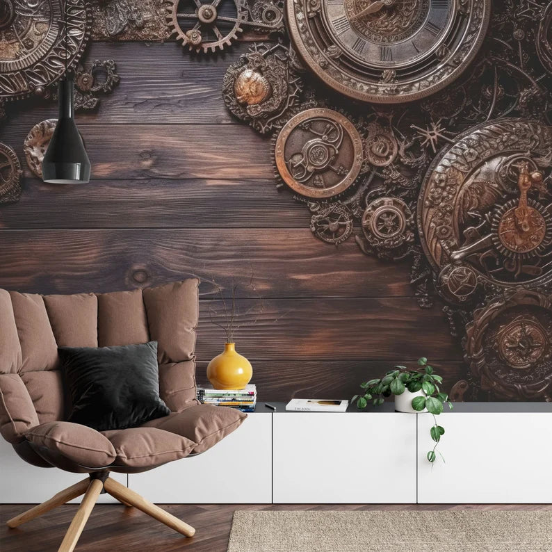 Steampunk Gear Wood Wallpaper Mural Art