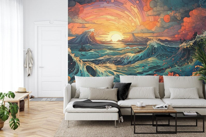 Psychedelic Manga Ocean Sunset Wall Mural Art Print