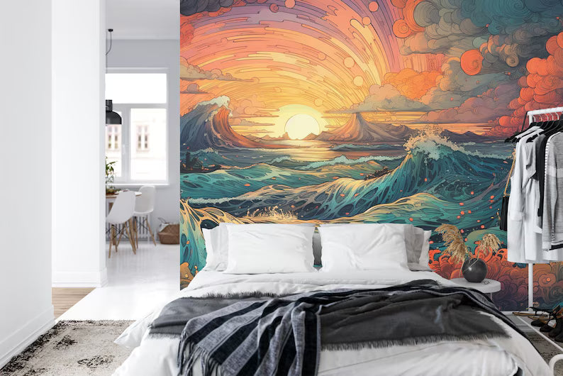 Psychedelic Manga Ocean Sunset Wall Mural Art Print