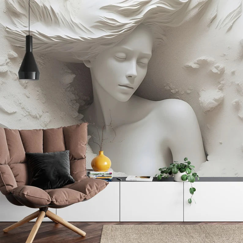 3D Illusion Woman Face Mural, Realistic Art Wallpaper