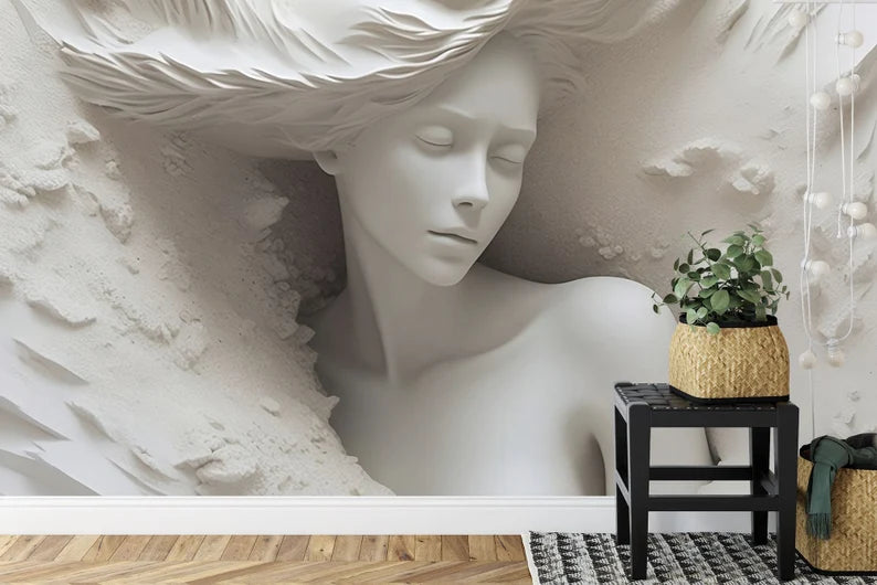 3D Illusion Woman Face Mural, Realistic Art Wallpaper