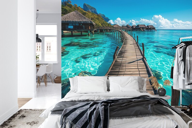 Tropical Bungalows Pier Wallpaper Mural Decal