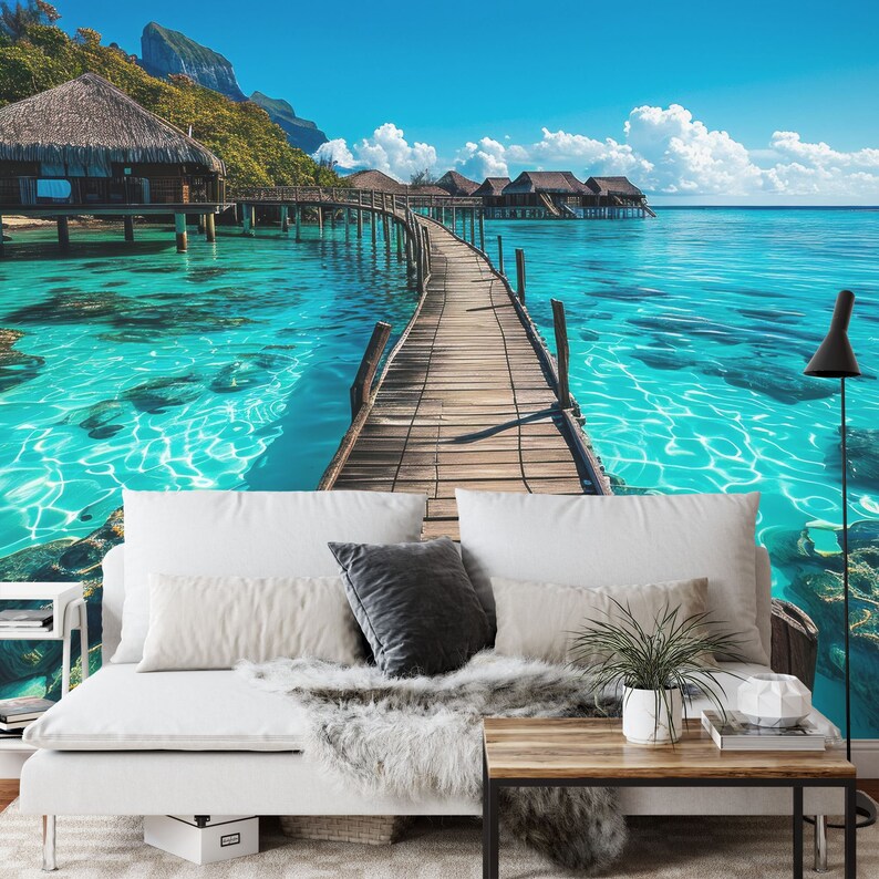 Tropical Bungalows Pier Wallpaper Mural Decal