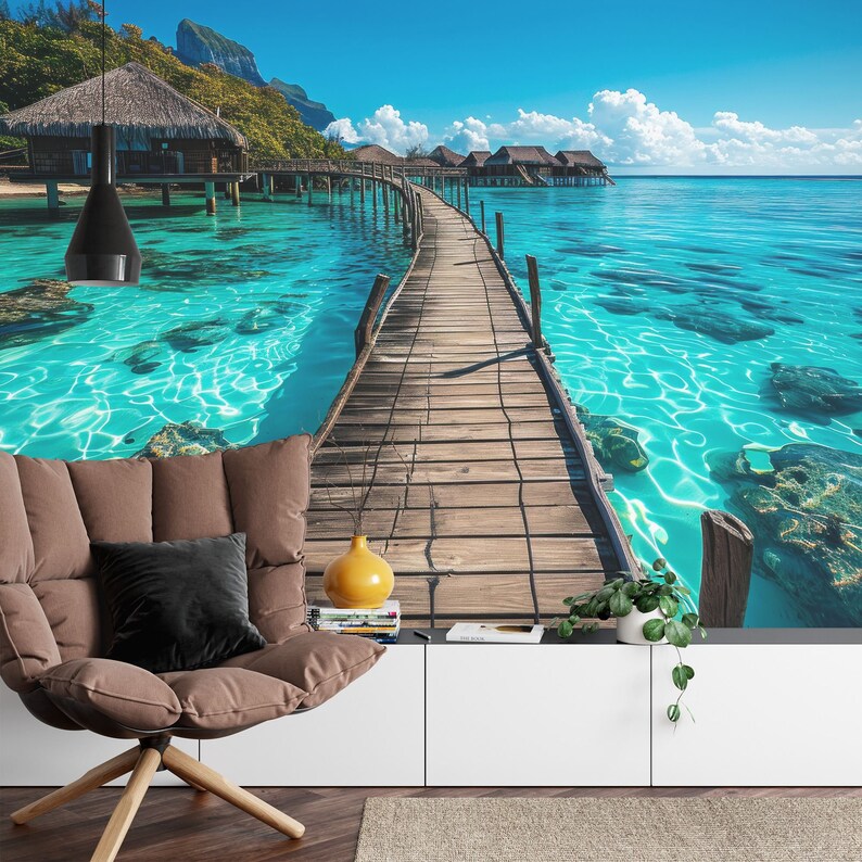 Tropical Bungalows Pier Wallpaper Mural Decal