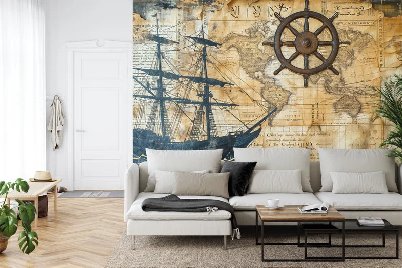 Nautical Map Wallpaper Mural Captain's Log Art Print