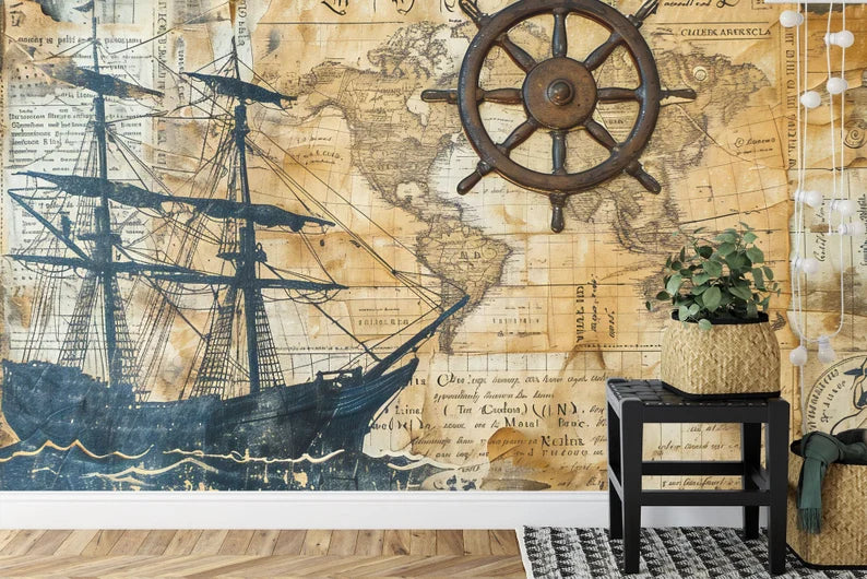 Nautical Map Wallpaper Mural Captain's Log Art Print