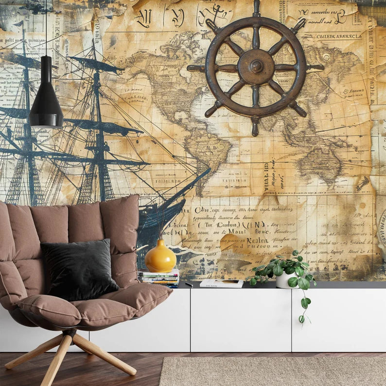 Nautical Map Wallpaper Mural Captain's Log Art Print