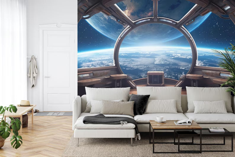 Spaceship Window View Wall Mural, Outer Space Kids Wallpaper