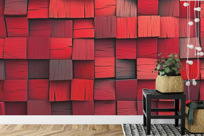 Red 3D Blocks Wallpaper Mural, Abstract Geometric Wall