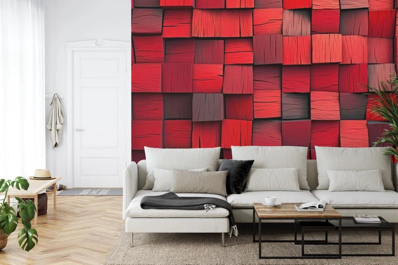 Red 3D Blocks Wallpaper Mural, Abstract Geometric Wall