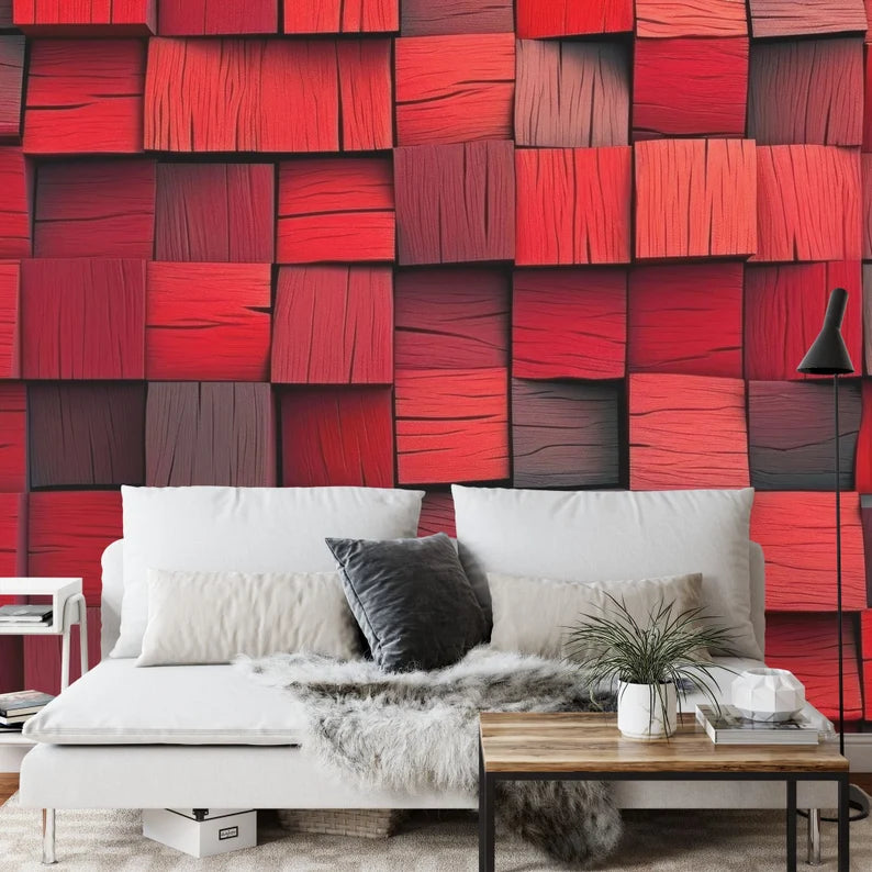 Red 3D Blocks Wallpaper Mural, Abstract Geometric Wall