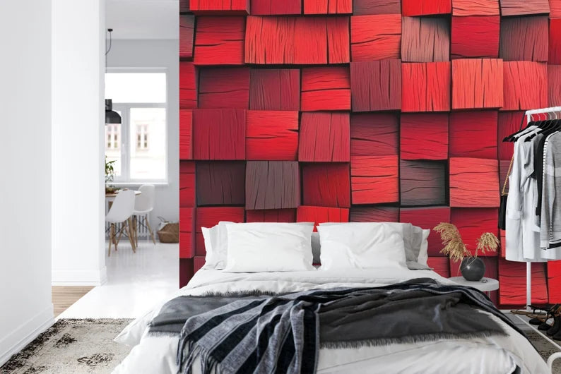 Red 3D Blocks Wallpaper Mural, Abstract Geometric Wall