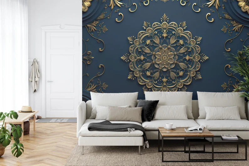 Blue and Gold Mandala Wallpaper, 3D Ceiling Decal
