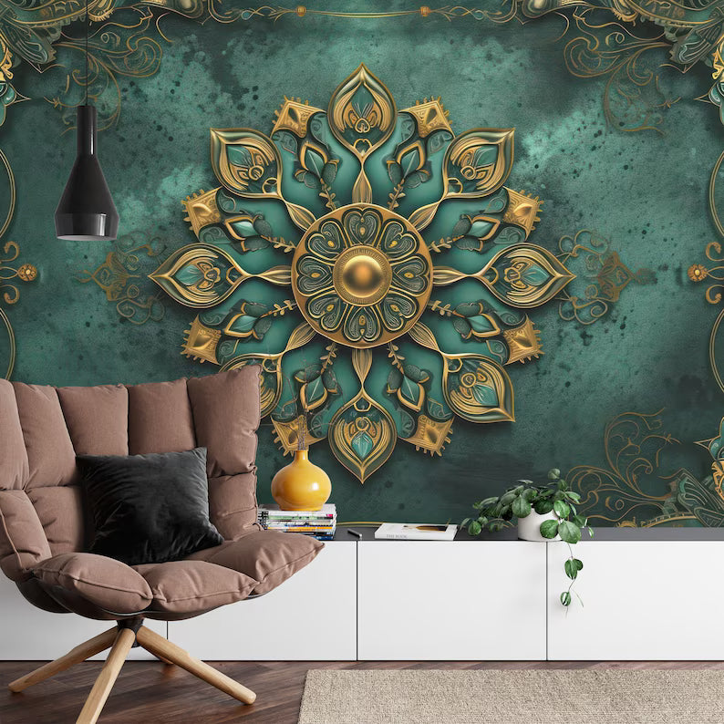 Green and Gold Mandala Wallpaper Mural Gift Art Print