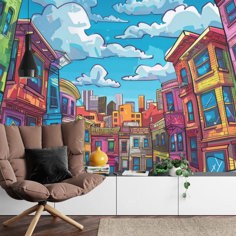 Cartoon Cityscape Wallpaper Mural, Kids Room Decor