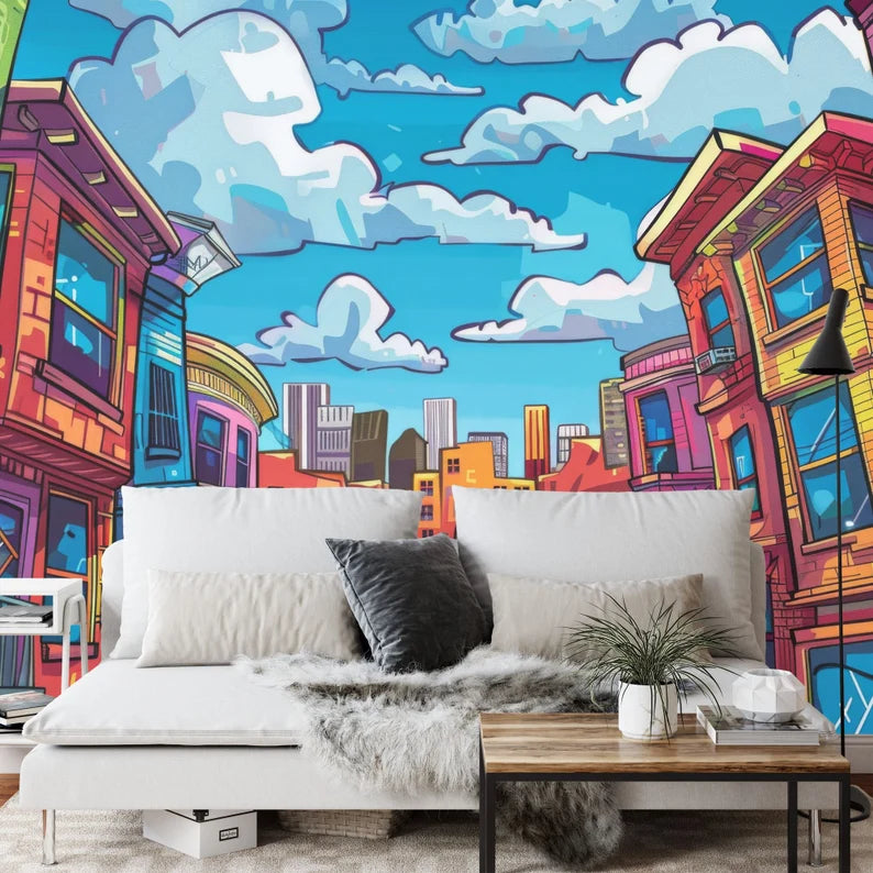 Cartoon Cityscape Wallpaper Mural, Kids Room Decor