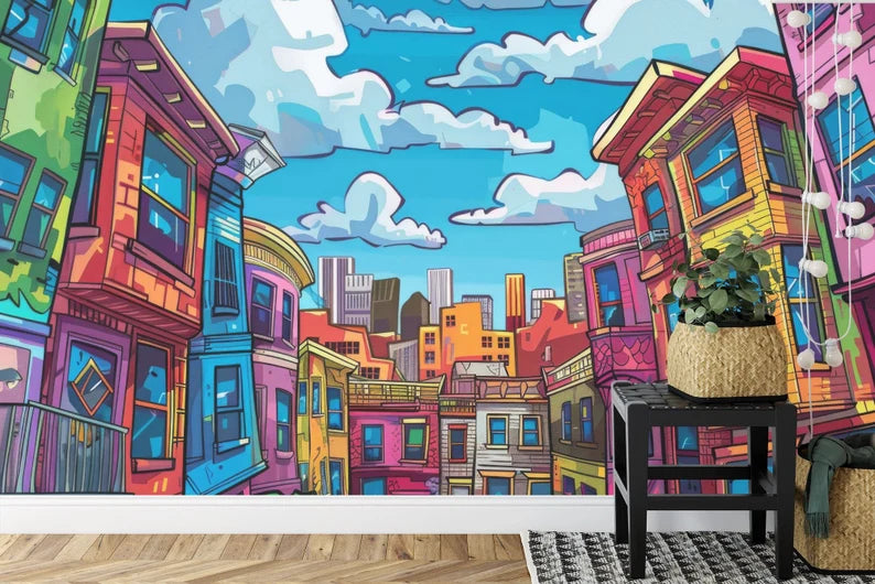 Cartoon Cityscape Wallpaper Mural, Kids Room Decor