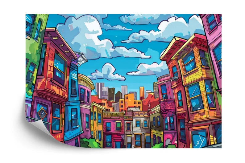 Cartoon Cityscape Wallpaper Mural, Kids Room Decor