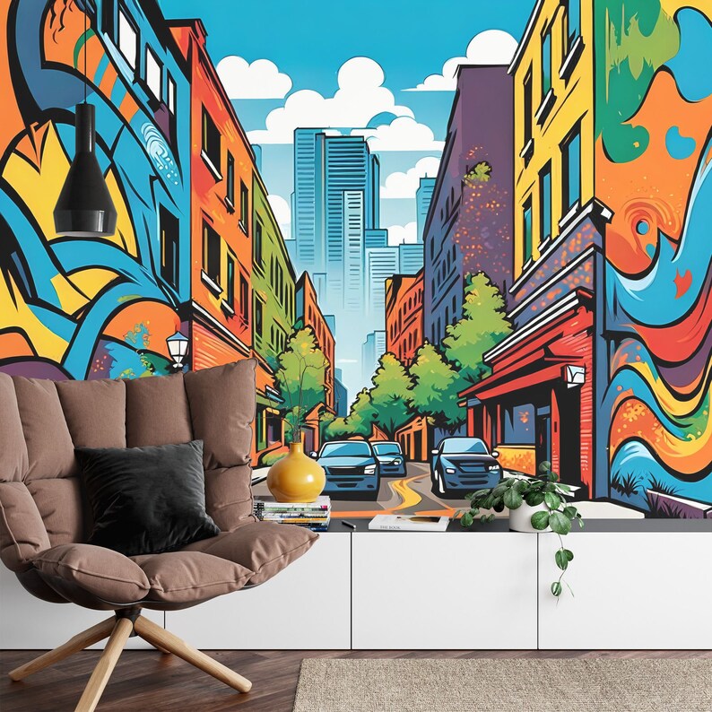 Cartoon City Street Wallpaper Mural, Kids Room Decor