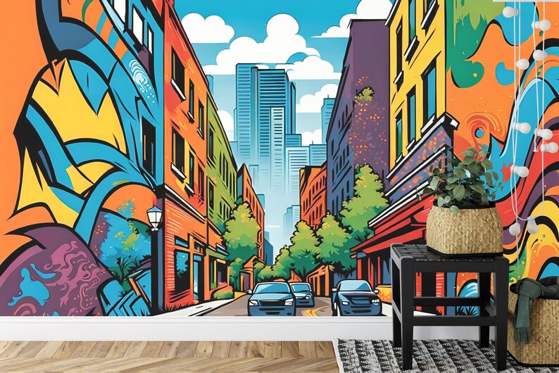 Cartoon City Street Wallpaper Mural, Kids Room Decor