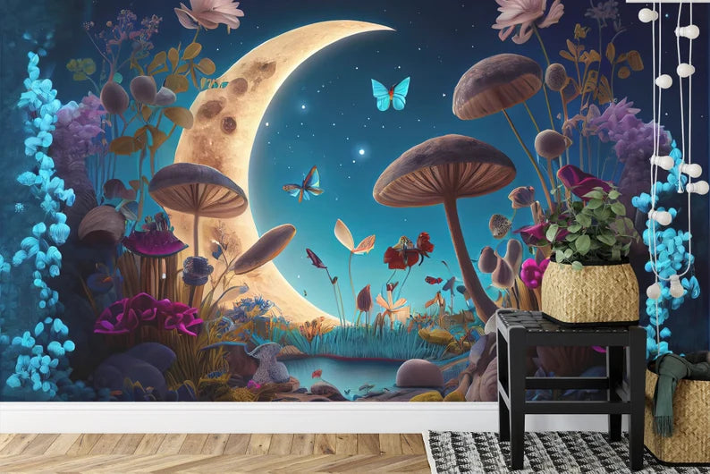Wonderland Mushroom Mural, Lilies and Flowers Gift